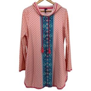 Aqua Et‎ Sol Swim Cover Up Dress Hooded UPF 50 Orange Aqua Blue Print Sz Large